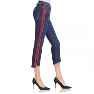 MOTHER Blue and Red Straight Leg Cropped Jeans with Bold Side Stripe Speed Racer